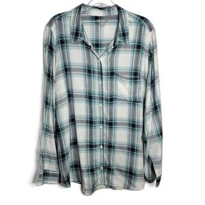Falls Creek Womens 2X Plaid Button Down Shirt Teal White Rayon Long Sleeve